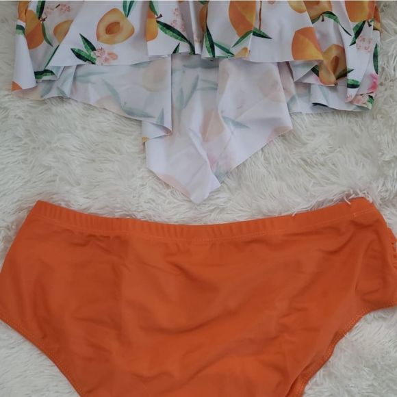 Plus size 2pcs set women biki the very high quality swimming printed ruffle peac - Picture 6 of 8